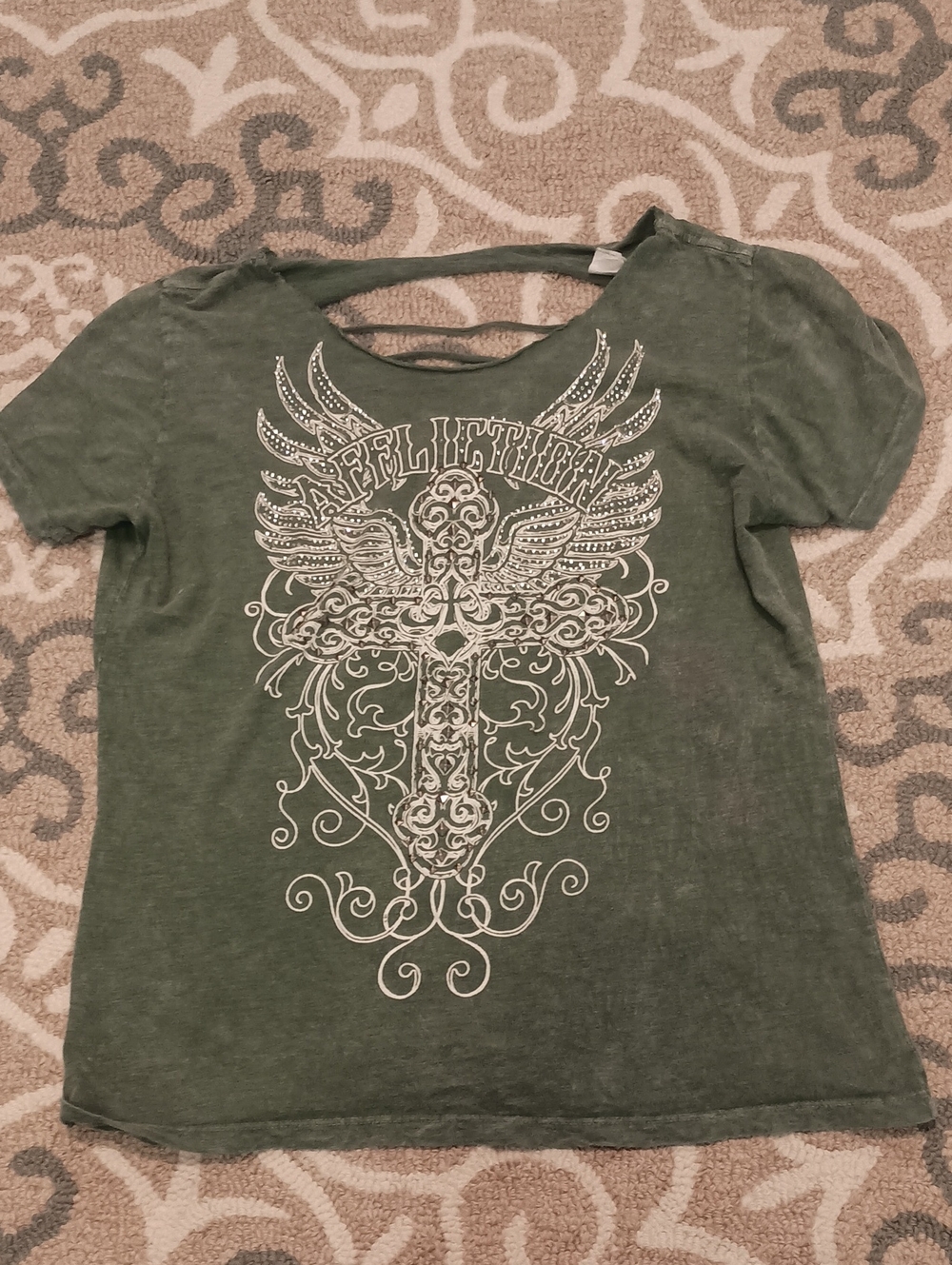 Affliction Women's Green Graphic Cross Back-Cut Cotton Tee